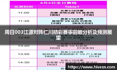 周日003江源对阵仁川精彩赛事前瞻分析及预测展望