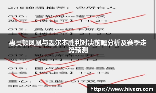 惠灵顿凤凰与墨尔本胜利对决前瞻分析及赛季走势预测